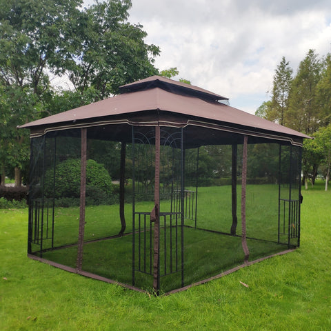 13x10Ft Outdoor Patio Canopy Gazebo Tent W/Ventilated Double Roof&amp;Mosquito Net for Lawn Garden Backyard&amp;Deck Brown/Gray[US-W]